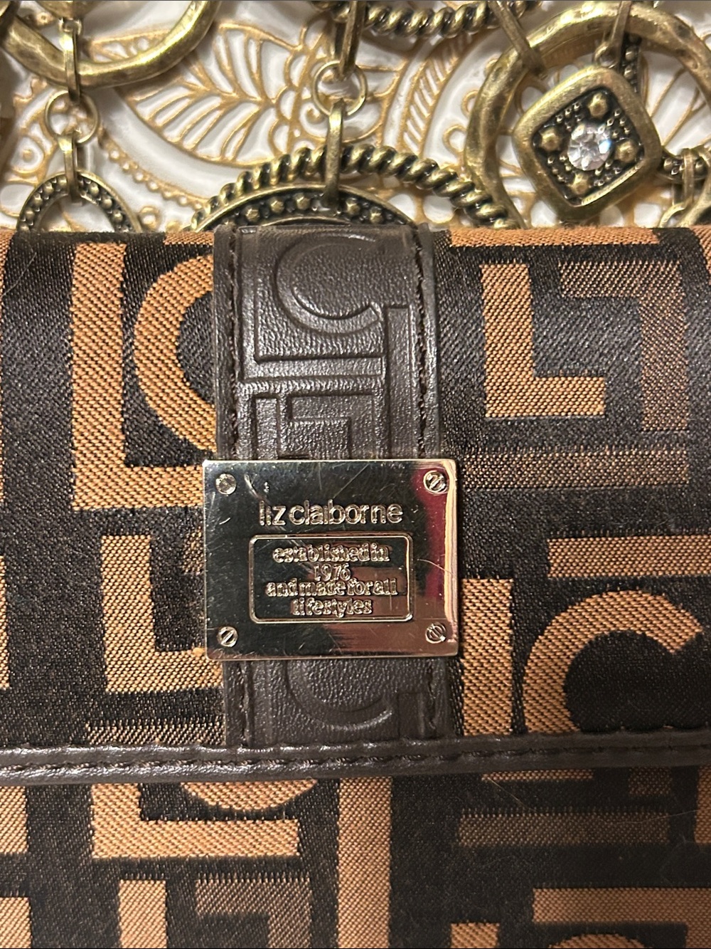 Liz Claiborne Brown & Tan Monogram Clutch Wristlet - Picture 2 of 7